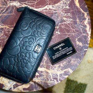 Camellia Embossed Large Zip Around Wallet